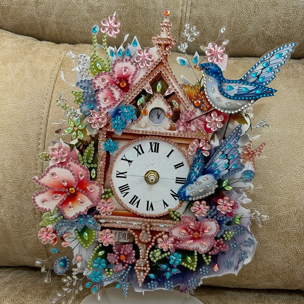Floral  Clock with Blue and Pink Accents.   The Blue Birds Listen